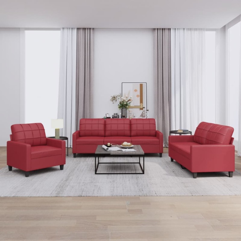 vidaXL 3-tlg. Sofagarnitur mit Kissen Weinrot Kunstleder vidaXL 3-tlg. Sofagarnitur mit Kissen Weinrot Kunstleder