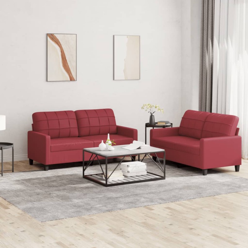 vidaXL 2-tlg. Sofagarnitur mit Kissen Weinrot Kunstleder vidaXL 2-tlg. Sofagarnitur mit Kissen Weinrot Kunstleder