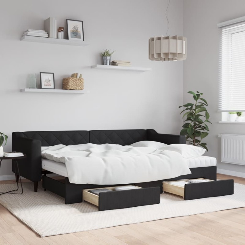 vidaXL Tagesbett Ausziehbar mit Schubladen Schwarz 80x200 cm Stoff vidaXL Tagesbett Ausziehbar mit Schubladen Schwarz 80x200 cm Stoff