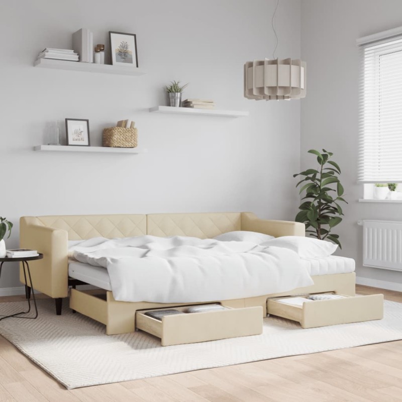 vidaXL Tagesbett Ausziehbar mit Schubladen Creme 80x200 cm Stoff vidaXL Tagesbett Ausziehbar mit Schubladen Creme 80x200 cm Stoff