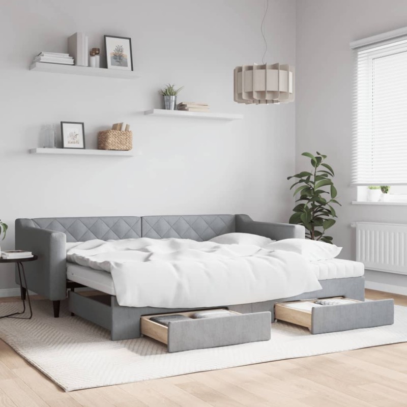 vidaXL Tagesbett Ausziehbar mit Schubladen Hellgrau 90x200 cm Stoff vidaXL Tagesbett Ausziehbar mit Schubladen Hellgrau 90x200 cm Stoff