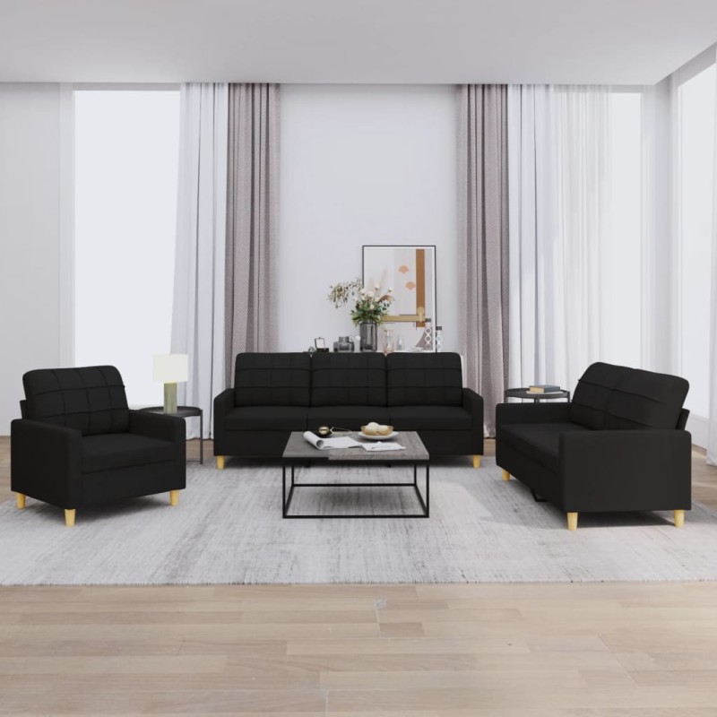 vidaXL 3-tlg. Sofagarnitur mit Kissen Schwarz Stoff vidaXL 3-tlg. Sofagarnitur mit Kissen Schwarz Stoff