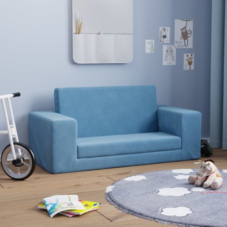 2-Sitzer Kindersofa mit Schlaffunktion Blau Weicher Plüsch