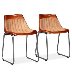 vidaXL Esszimmerstühle 2 Stk. Braun/Beige Echtleder und Kanevas 