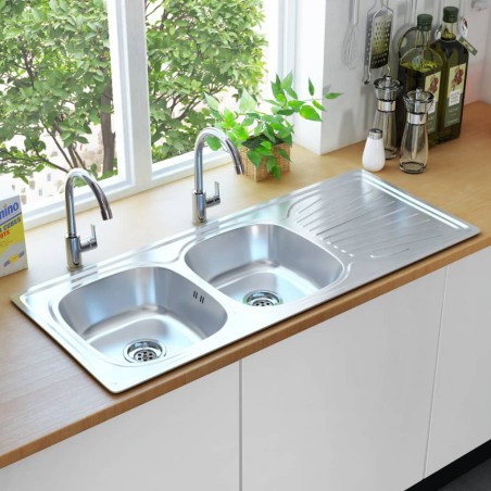 vidaXL Küchenspüle Doppelbecken mit Sieb & Siphon Edelstahl 