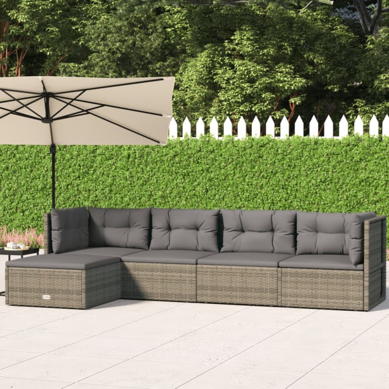 vidaXL 5-tlg. Garten-Lounge-Set mit Kissen Grau Poly Rattan vidaXL 5-tlg. Garten-Lounge-Set mit Kissen Grau Poly Rattan