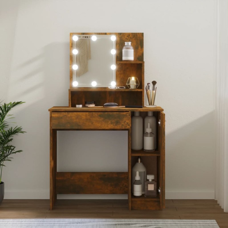 vidaXL Schminktisch mit LED Räuchereiche 86,5x35x136 cm vidaXL Schminktisch mit LED Räuchereiche 86,5x35x136 cm