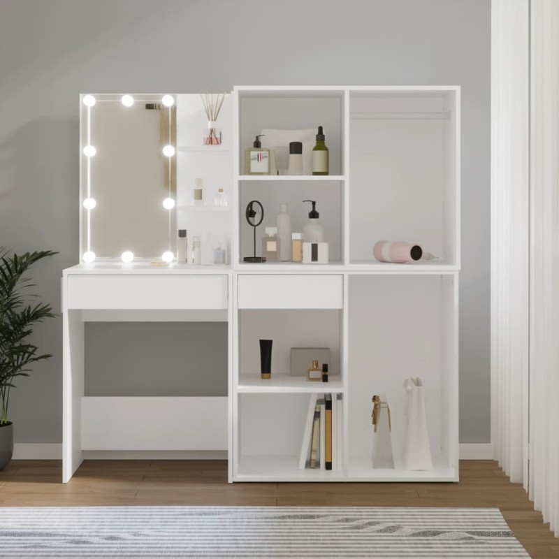 vidaXL LED-Schminktisch mit 2 Schränken Weiß Holzwerkstoff vidaXL LED-Schminktisch mit 2 Schränken Weiß Holzwerkstoff