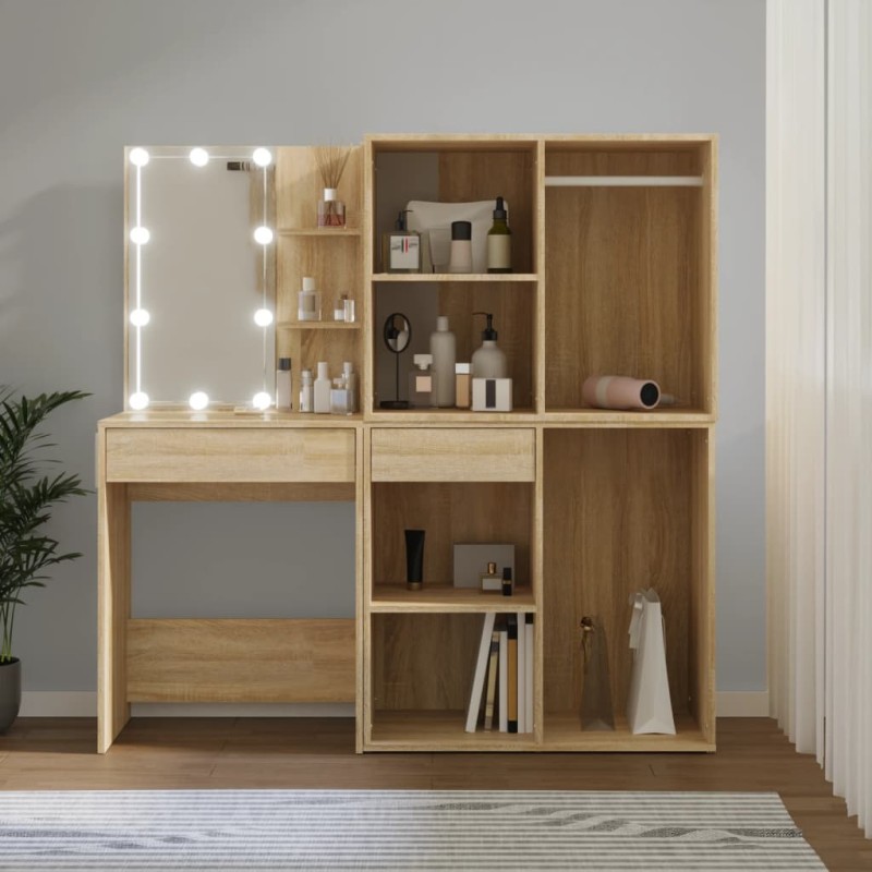 vidaXL LED-Schminktisch mit 2 Schränken Sonoma-Eiche Holzwerkstoff vidaXL LED-Schminktisch mit 2 Schränken Sonoma-Eiche Holzwerkstoff