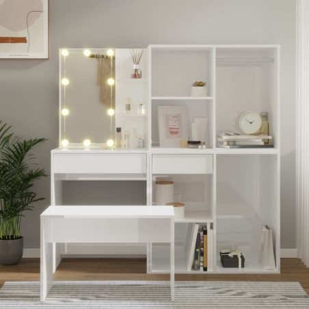 vidaXL Schminktisch-Set mit LED Hochglanz-Weiß Holzwerkstoff
