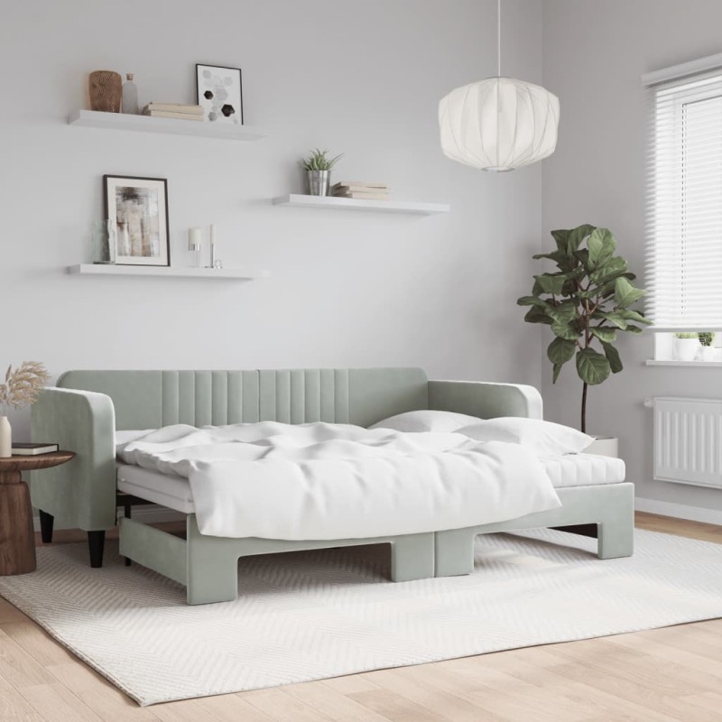 vidaXL Tagesbett Ausziehbar mit Matratzen Hellgrau 80x200 cm Samt vidaXL Tagesbett Ausziehbar mit Matratzen Hellgrau 80x200 cm Samt