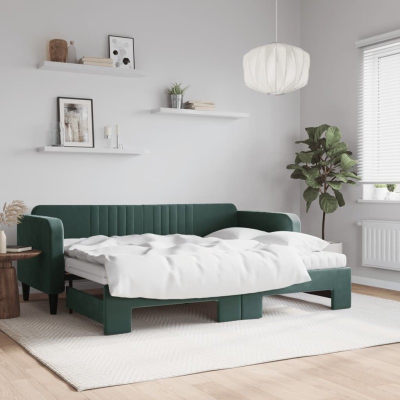 vidaXL Tagesbett Ausziehbar mit Matratzen Dunkelgrün 80x200 cm Samt vidaXL Tagesbett Ausziehbar mit Matratzen Dunkelgrün 80x200 cm Samt