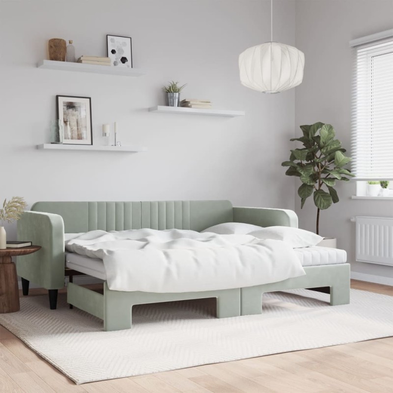 vidaXL Tagesbett Ausziehbar mit Matratzen Hellgrau 90x200 cm Samt vidaXL Tagesbett Ausziehbar mit Matratzen Hellgrau 90x200 cm Samt