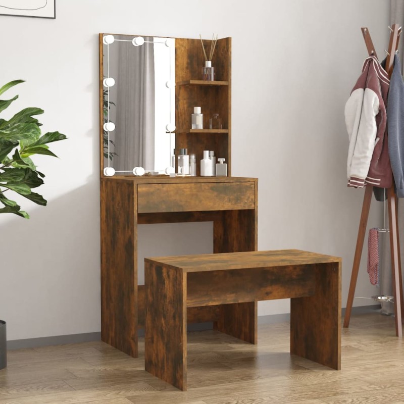 vidaXL Schminktisch-Set mit LED Räuchereiche Holzwerkstoff vidaXL Schminktisch-Set mit LED Räuchereiche Holzwerkstoff