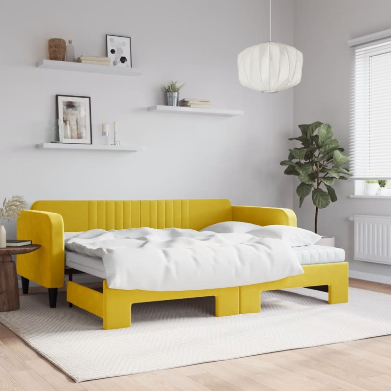 vidaXL Tagesbett Ausziehbar mit Matratzen Gelb 90x200 cm Samt vidaXL Tagesbett Ausziehbar mit Matratzen Gelb 90x200 cm Samt