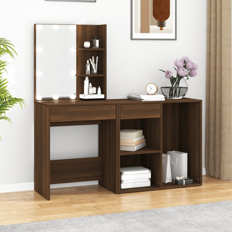 vidaXL LED-Schminktisch mit Schrank Braun Eichen-Optik Holzwerkstoff vidaXL LED-Schminktisch mit Schrank Braun Eichen-Optik Holzwerkstoff