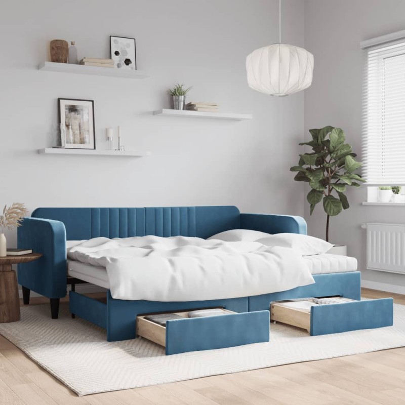 vidaXL Tagesbett mit Rollbett und Schubladen Blau 90x200 cm Samt vidaXL Tagesbett mit Rollbett und Schubladen Blau 90x200 cm Samt