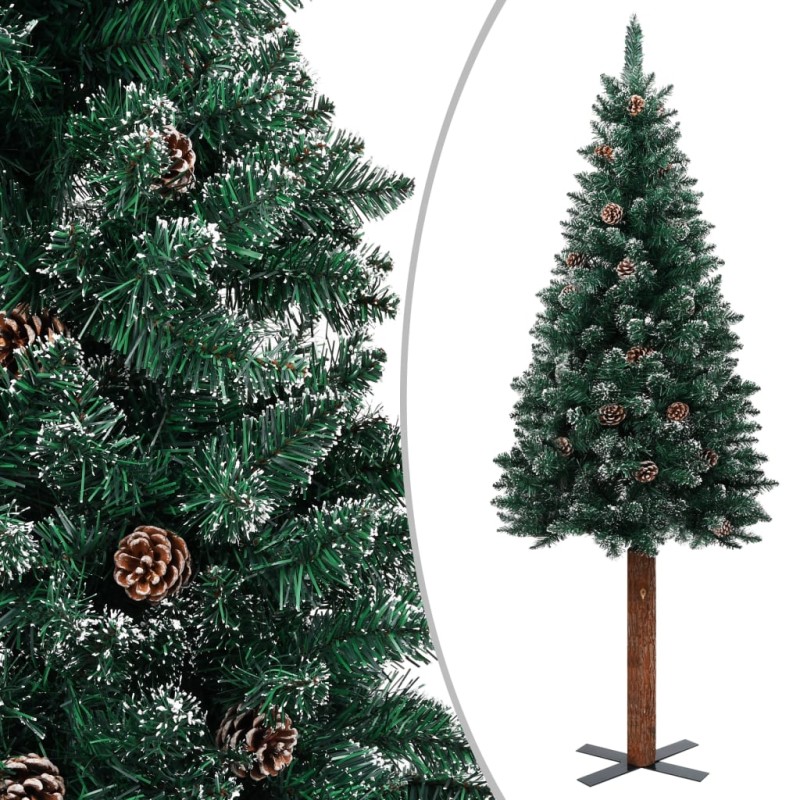 vidaXL Schlanker Weihnachtsbaum mit Echtholz und Schnee Grün 150 cm vidaXL Schlanker Weihnachtsbaum mit Echtholz und Schnee Grün 150 cm