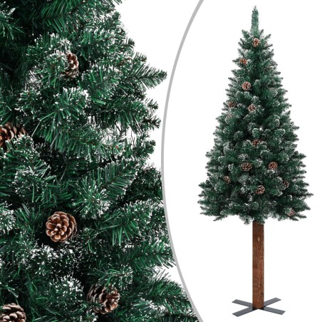 vidaXL Schlanker Weihnachtsbaum mit Echtholz und Schnee Grün 180 cm