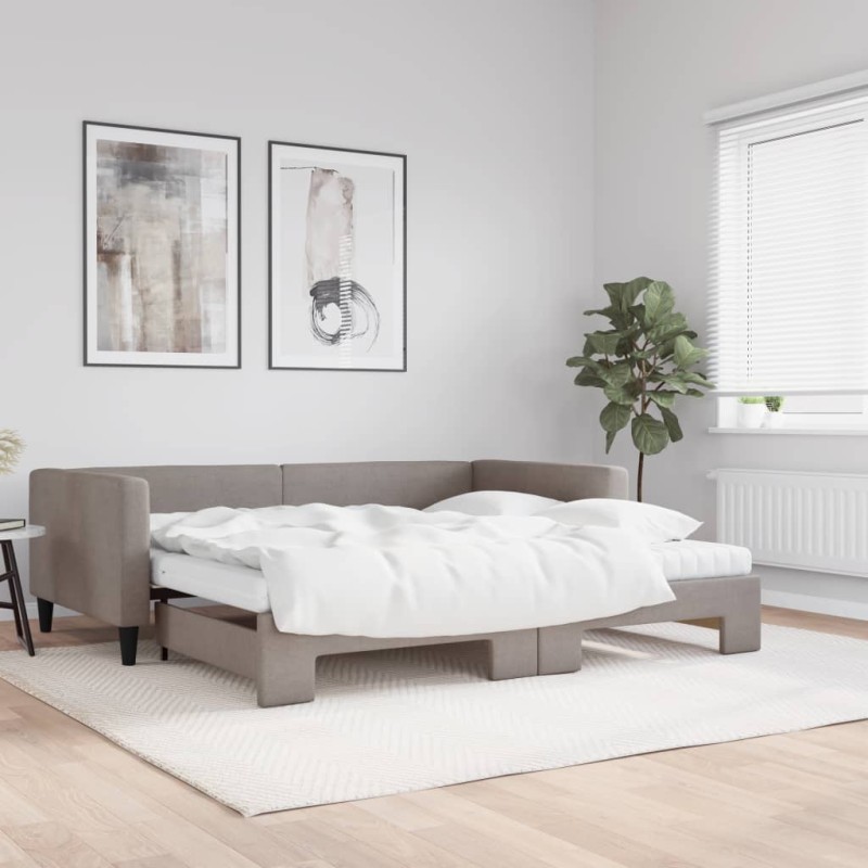 vidaXL Tagesbett Ausziehbar mit Matratzen Taupe 100x200 cm Stoff vidaXL Tagesbett Ausziehbar mit Matratzen Taupe 100x200 cm Stoff