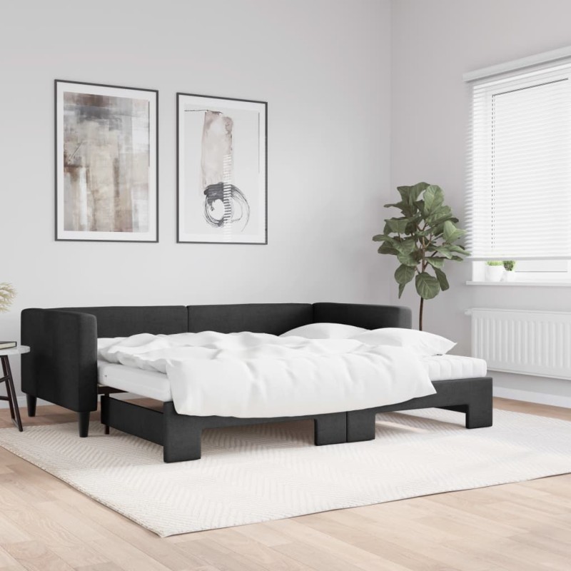 vidaXL Tagesbett Ausziehbar mit Matratzen Schwarz 90x190 cm Stoff vidaXL Tagesbett Ausziehbar mit Matratzen Schwarz 90x190 cm Stoff