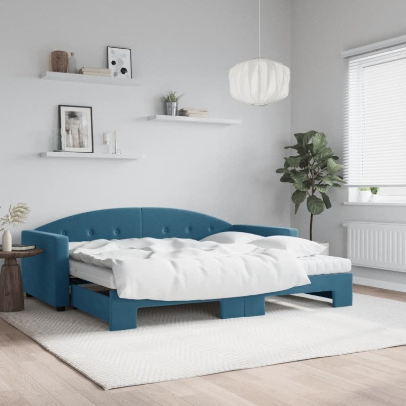 vidaXL Tagesbett Ausziehbar mit Matratzen Blau 90x200 cm Samt vidaXL Tagesbett Ausziehbar mit Matratzen Blau 90x200 cm Samt