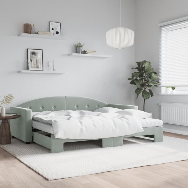 vidaXL Tagesbett Ausziehbar mit Matratzen Hellgrau 90x200 cm Samt vidaXL Tagesbett Ausziehbar mit Matratzen Hellgrau 90x200 cm Samt