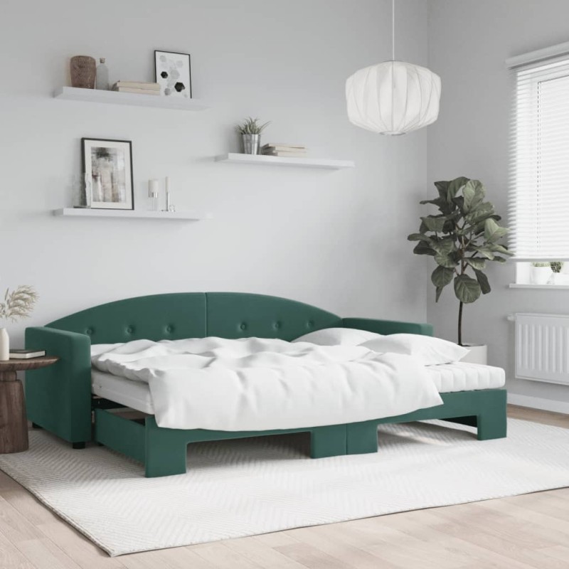 vidaXL Tagesbett Ausziehbar mit Matratzen Dunkelgrün 80x200 cm Samt vidaXL Tagesbett Ausziehbar mit Matratzen Dunkelgrün 80x200 cm Samt