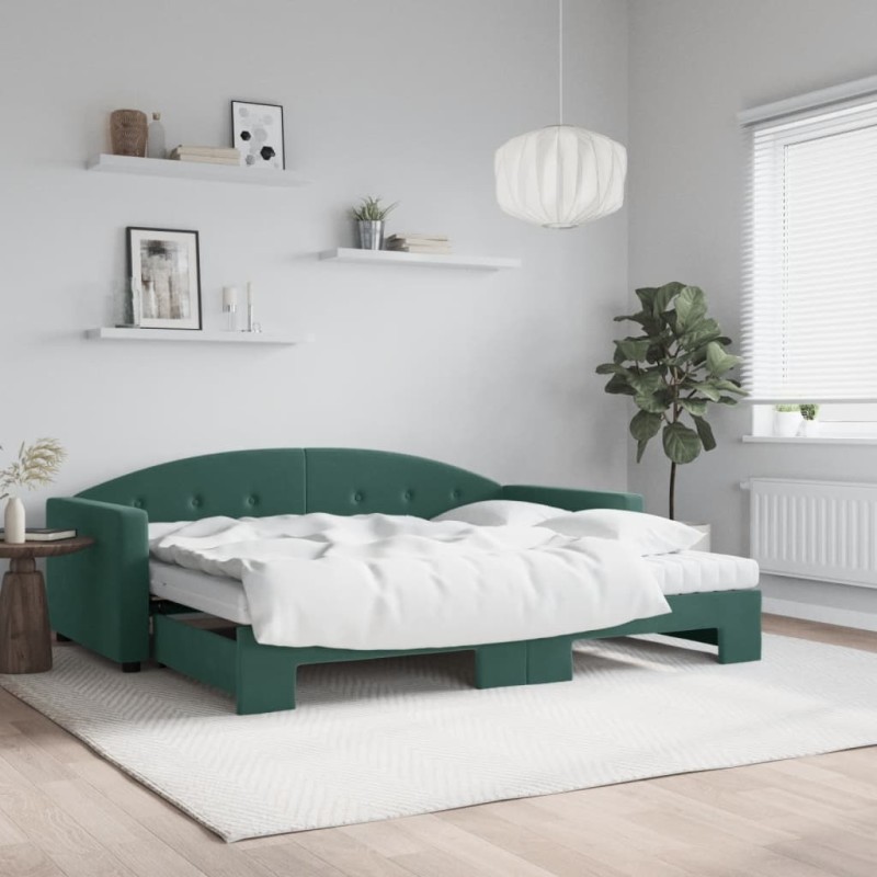 vidaXL Tagesbett Ausziehbar mit Matratzen Dunkelgrün 90x200 cm Samt vidaXL Tagesbett Ausziehbar mit Matratzen Dunkelgrün 90x200 cm Samt