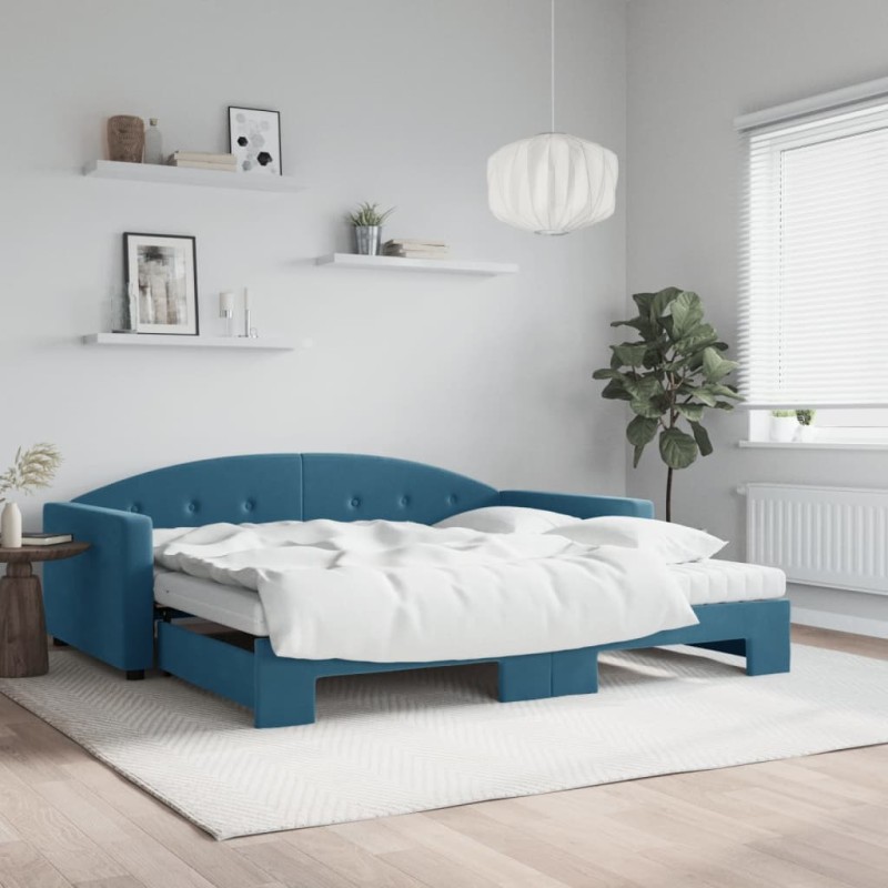 vidaXL Tagesbett Ausziehbar mit Matratzen Blau 100x200 cm Samt vidaXL Tagesbett Ausziehbar mit Matratzen Blau 100x200 cm Samt