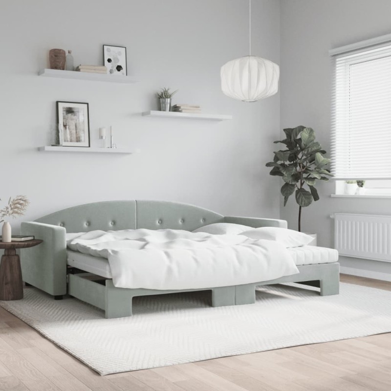 vidaXL Tagesbett Ausziehbar mit Matratzen Hellgrau 90x190 cm Samt vidaXL Tagesbett Ausziehbar mit Matratzen Hellgrau 90x190 cm Samt