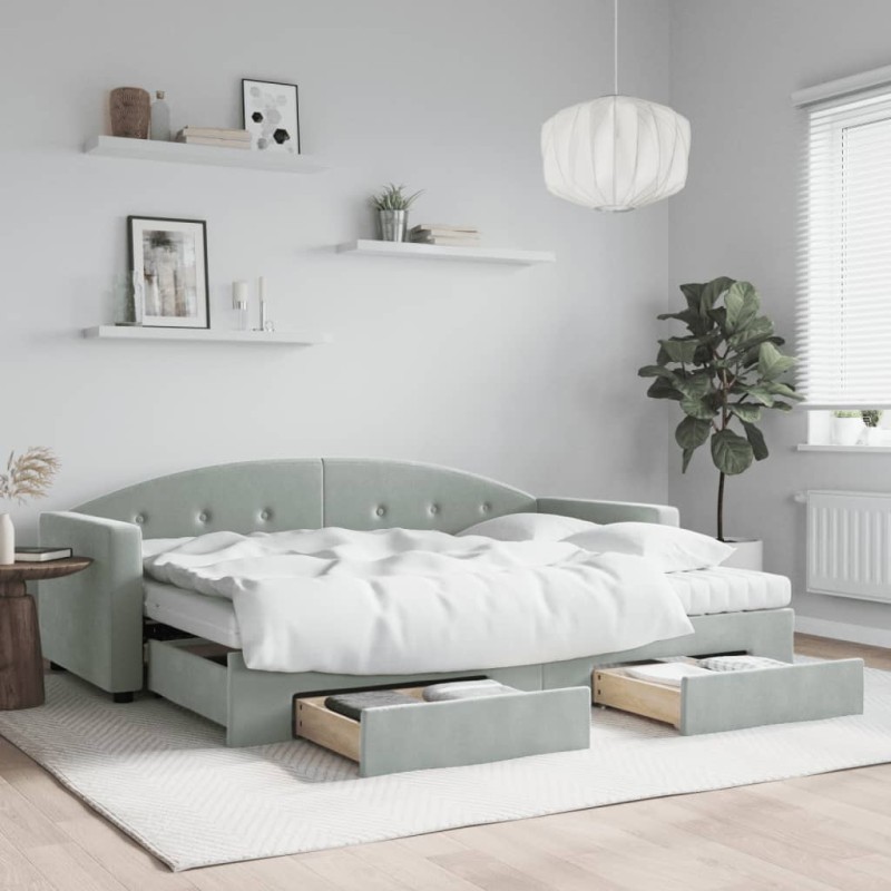 vidaXL Tagesbett Ausziehbar mit Schubladen Hellgrau 80x200 cm Samt vidaXL Tagesbett Ausziehbar mit Schubladen Hellgrau 80x200 cm Samt