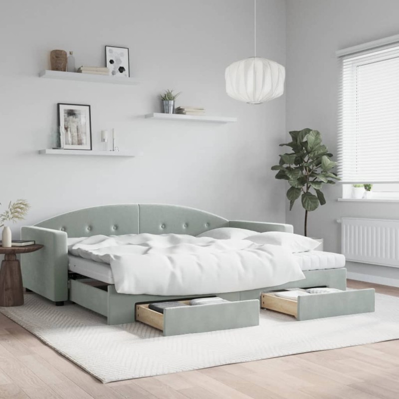 vidaXL Tagesbett Ausziehbar mit Schubladen Hellgrau 90x200 cm Samt vidaXL Tagesbett Ausziehbar mit Schubladen Hellgrau 90x200 cm Samt