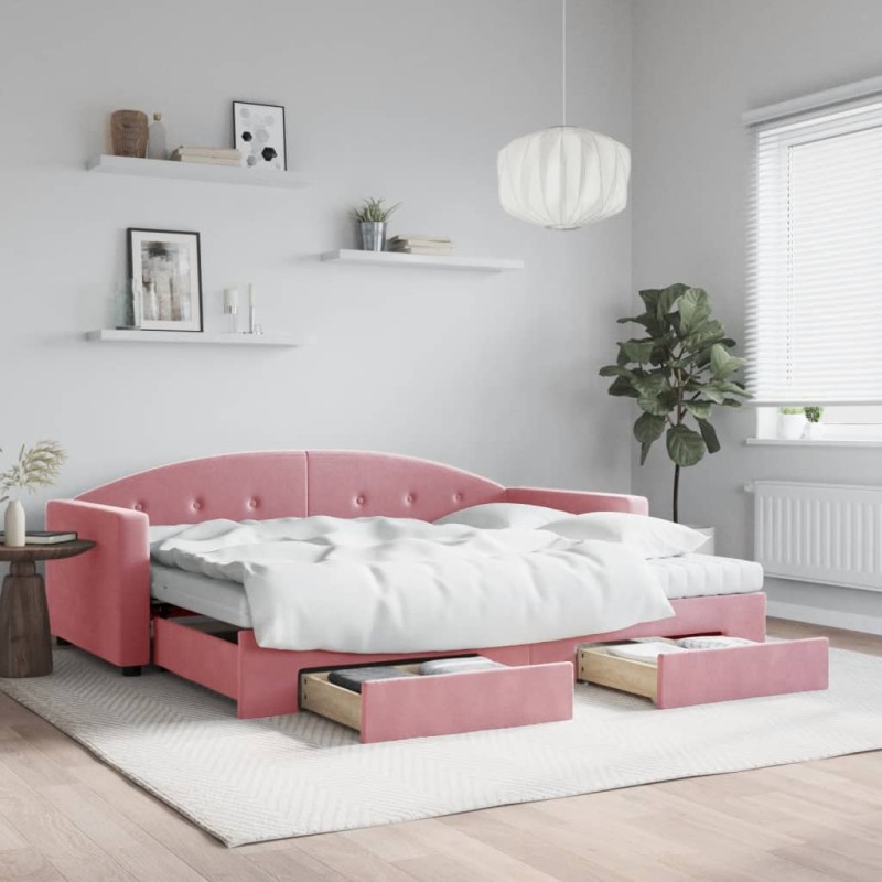 vidaXL Tagesbett Ausziehbar mit Schubladen Rosa 90x200 cm Samt vidaXL Tagesbett Ausziehbar mit Schubladen Rosa 90x200 cm Samt