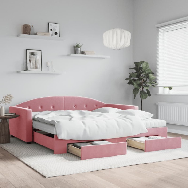 vidaXL Tagesbett Ausziehbar mit Schubladen Rosa 100x200 cm Samt vidaXL Tagesbett Ausziehbar mit Schubladen Rosa 100x200 cm Samt