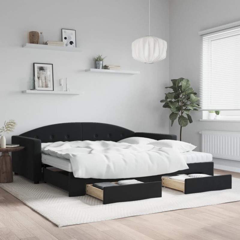 vidaXL Tagesbett Ausziehbar mit Schubladen Schwarz 100x200 cm Samt vidaXL Tagesbett Ausziehbar mit Schubladen Schwarz 100x200 cm Samt