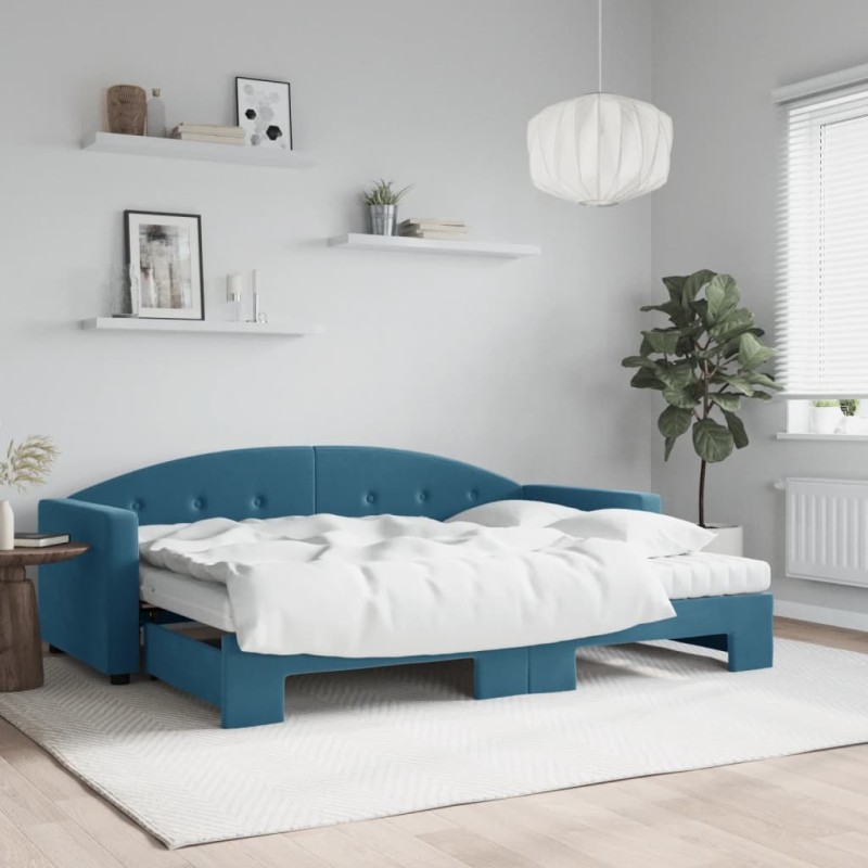 vidaXL Tagesbett Ausziehbar mit Matratzen Blau 80x200 cm Samt vidaXL Tagesbett Ausziehbar mit Matratzen Blau 80x200 cm Samt