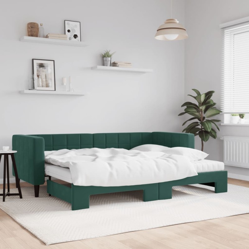 vidaXL Tagesbett Ausziehbar mit Matratzen Dunkelgrün 80x200 cm Samt vidaXL Tagesbett Ausziehbar mit Matratzen Dunkelgrün 80x200 cm Samt