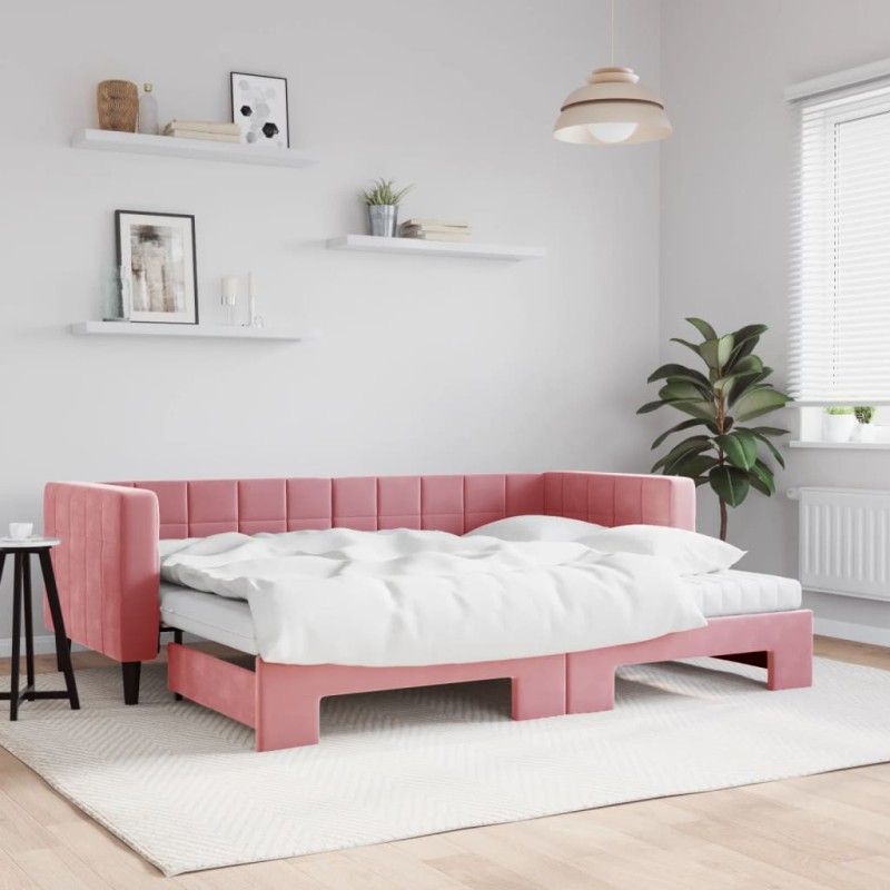 vidaXL Tagesbett Ausziehbar mit Matratzen Rosa 80x200 cm Samt vidaXL Tagesbett Ausziehbar mit Matratzen Rosa 80x200 cm Samt