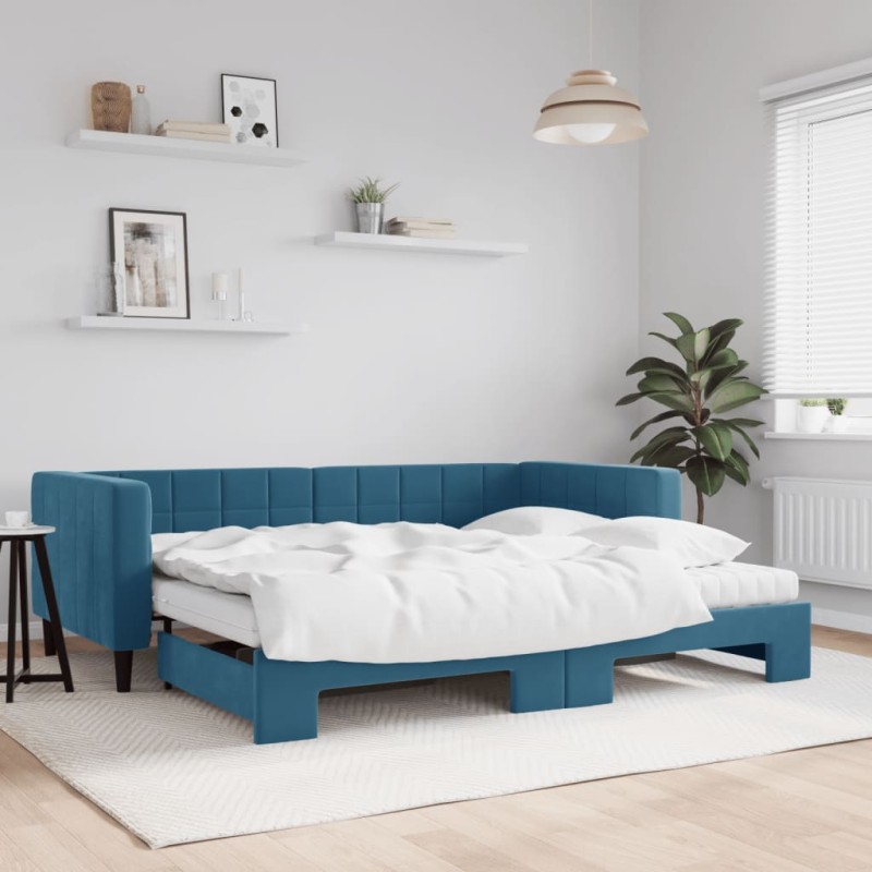 vidaXL Tagesbett Ausziehbar mit Matratzen Blau 90x200 cm Samt vidaXL Tagesbett Ausziehbar mit Matratzen Blau 90x200 cm Samt