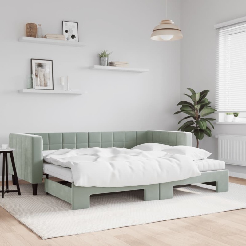 vidaXL Tagesbett Ausziehbar mit Matratzen Hellgrau 90x200 cm Samt vidaXL Tagesbett Ausziehbar mit Matratzen Hellgrau 90x200 cm Samt