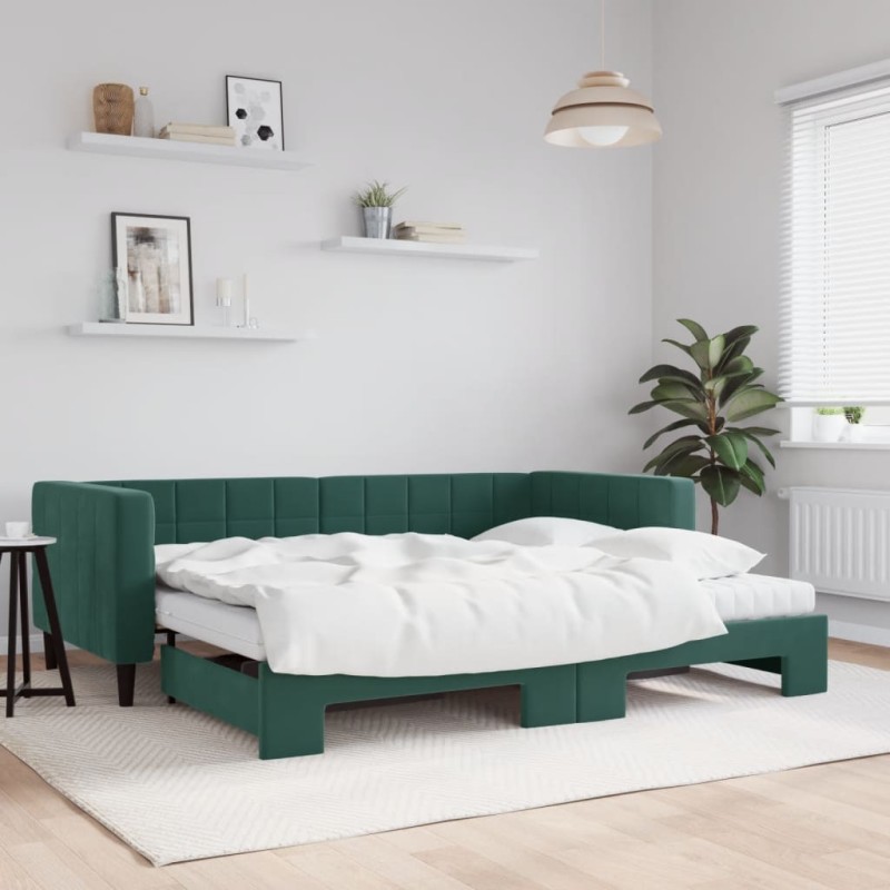 vidaXL Tagesbett Ausziehbar mit Matratzen Dunkelgrün 90x200 cm Samt vidaXL Tagesbett Ausziehbar mit Matratzen Dunkelgrün 90x200 cm Samt