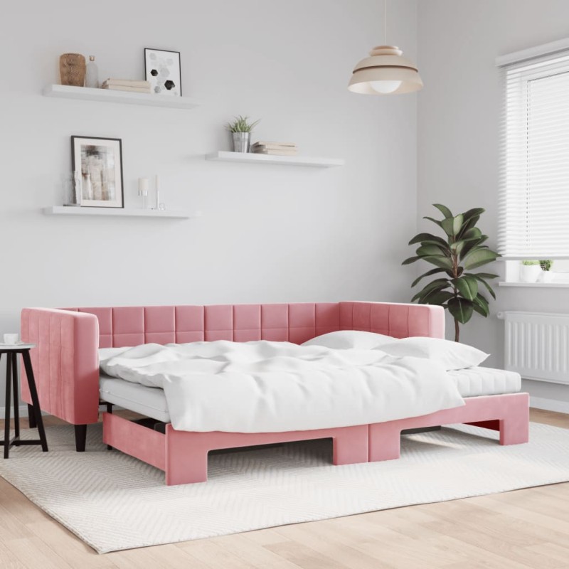 vidaXL Tagesbett Ausziehbar mit Matratzen Rosa 90x200 cm Samt vidaXL Tagesbett Ausziehbar mit Matratzen Rosa 90x200 cm Samt