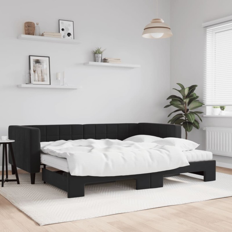 vidaXL Tagesbett Ausziehbar mit Matratzen Schwarz 90x200 cm Samt vidaXL Tagesbett Ausziehbar mit Matratzen Schwarz 90x200 cm Samt