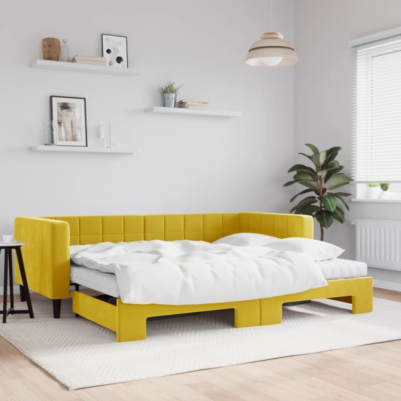 vidaXL Tagesbett Ausziehbar mit Matratzen Gelb 90x200 cm Samt vidaXL Tagesbett Ausziehbar mit Matratzen Gelb 90x200 cm Samt