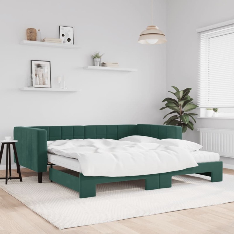 vidaXL Tagesbett Ausziehbar mit Matratzen Dunkelgrün 100x200 cm Samt vidaXL Tagesbett Ausziehbar mit Matratzen Dunkelgrün 100x200 cm Samt