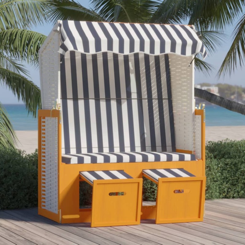 vidaXL Strandkorb mit Dach Poly Rattan & Massivholz Weiß & Blau vidaXL Strandkorb mit Dach Poly Rattan & Massivholz Weiß & Blau