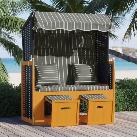 vidaXL Strandkorb mit Kissen Poly Rattan und Massivholz Schwarz & Grau