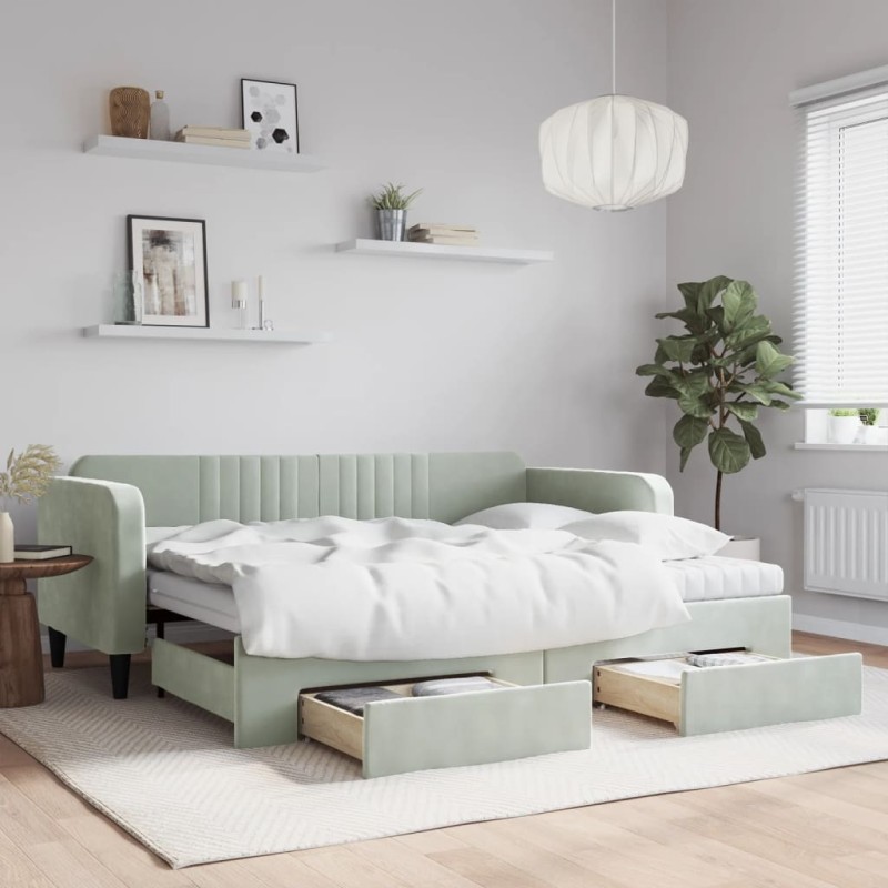 vidaXL Tagesbett Ausziehbar mit Schubladen Hellgrau 90x200 cm Samt vidaXL Tagesbett Ausziehbar mit Schubladen Hellgrau 90x200 cm Samt