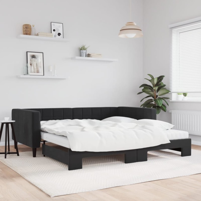 vidaXL Tagesbett Ausziehbar mit Matratzen Schwarz 100x200 cm Samt vidaXL Tagesbett Ausziehbar mit Matratzen Schwarz 100x200 cm Samt